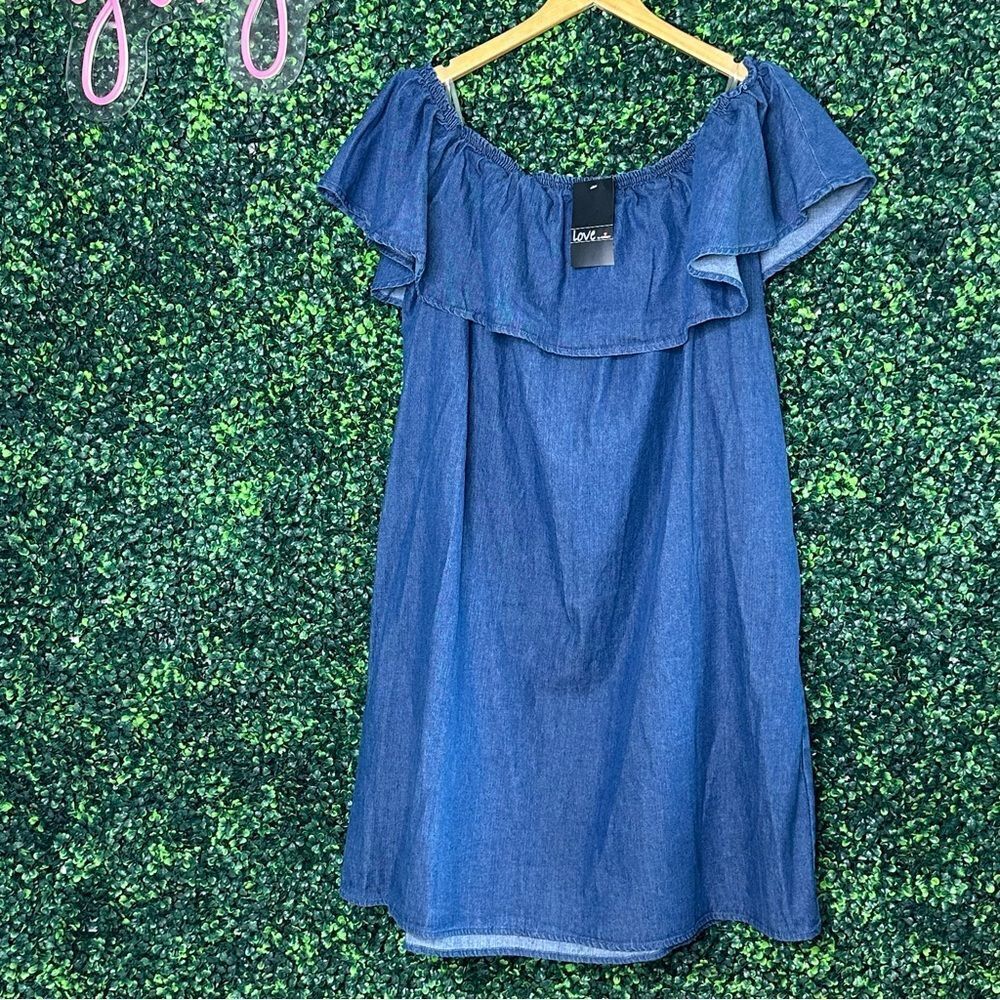 NWT Love by Chesley Denim Off Shoulder Ruffle Dress 3X Blue Cotton